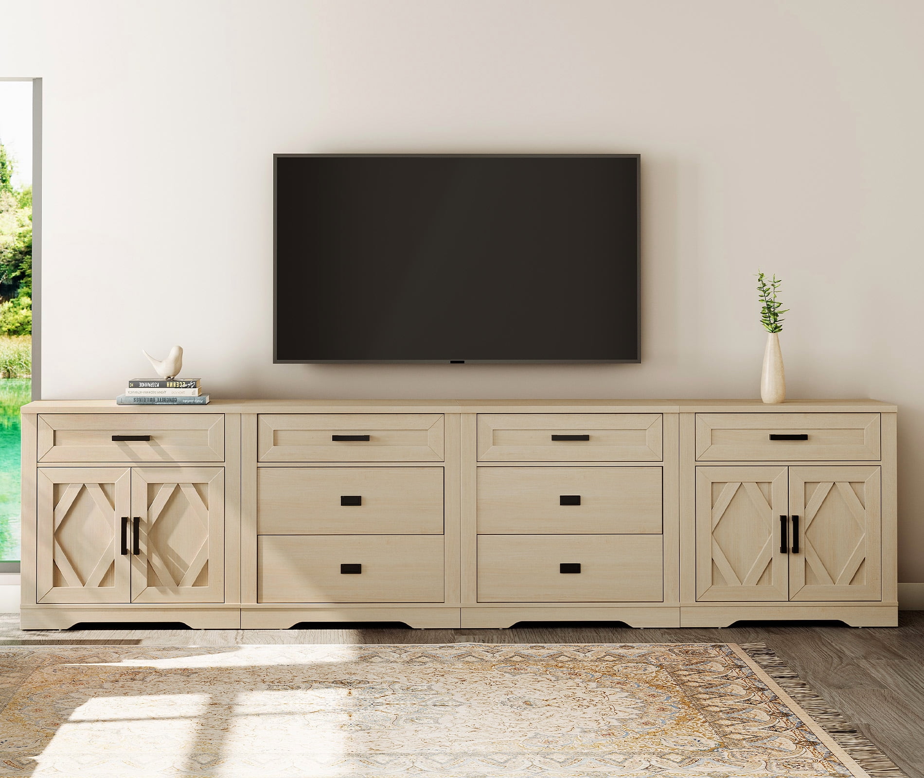 WAMPAT 126"W Large TV Stand,4-in-1 Farmhouse Entertainment Center with Storage Barn Door Cabinet,TV Console Table With Media Cabinet and Drawers for Living Room,Bedroom,Beige