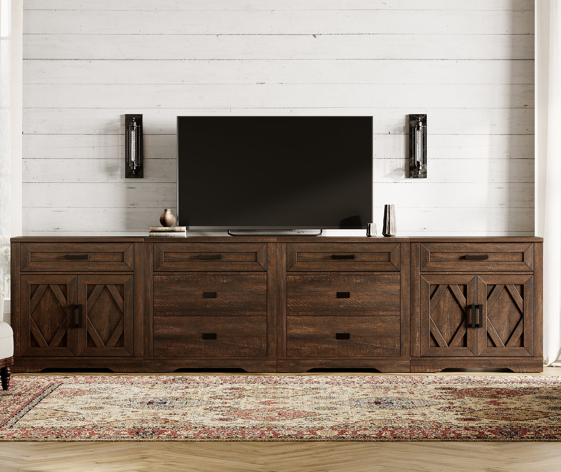WAMPAT 126"W Large TV Stand,4-in-1 Farmhouse Entertainment Center with Storage Barn Door Cabinet,TV Console Table With Media Cabinet and Drawers for Living Room,Bedroom,Rustic Brown