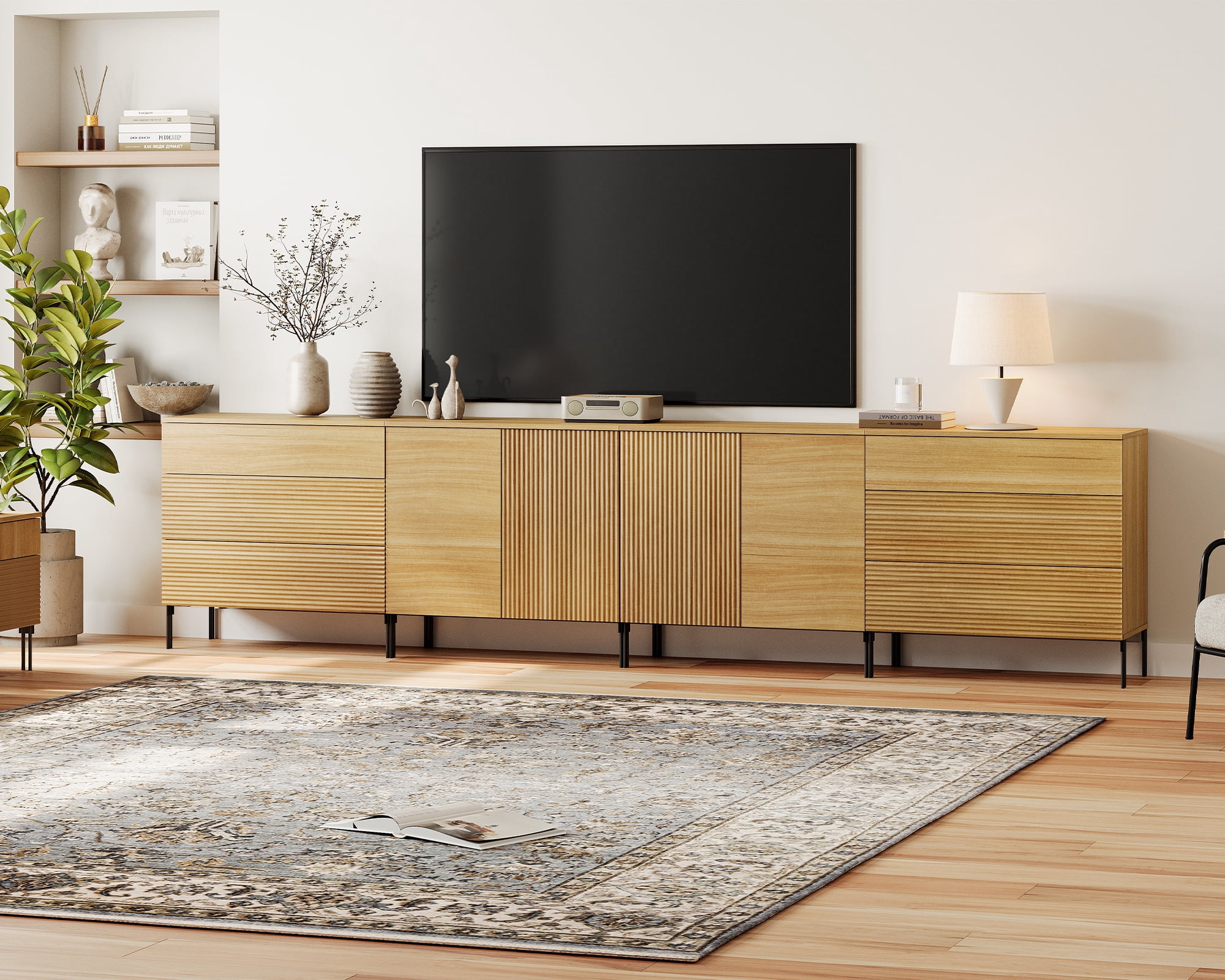 WAMPAT 126" 6 Drawer Dresser with 4 Door Storage Cabinets, Modern Fluted Wood Dresser, Push-to-Open Organizer with Adjustable Shelves for Bedroom, Living Room, Entryway