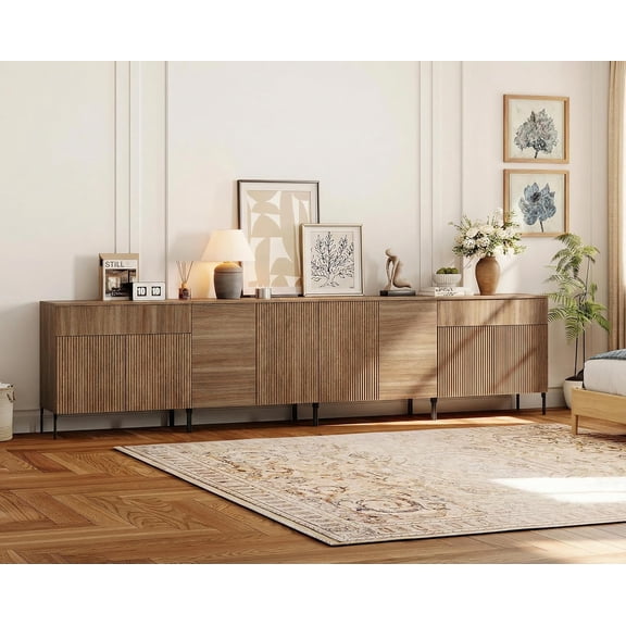 WAMPAT 126" Large Fluted Buffet Sideboard Cabinet with Storage,4 in 1 Modern Buffet Table with 2 Drawers & 8 Doors,Wood Credenza Console Coffee Bar Wine Bar Cabinet for Living Room