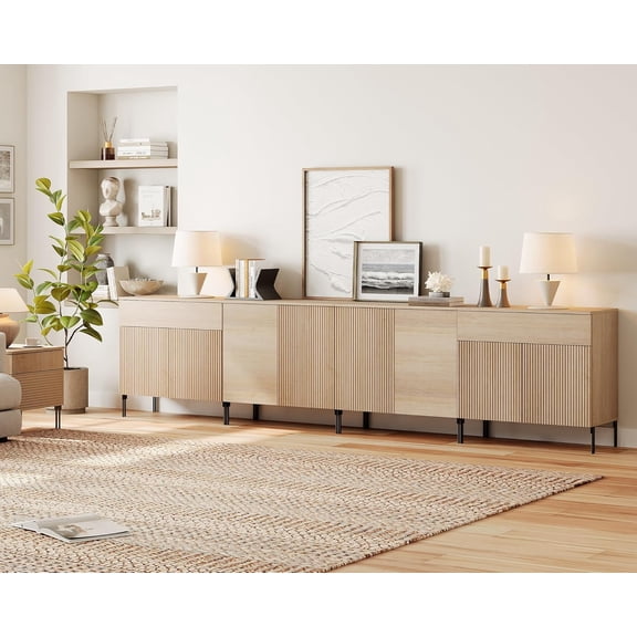 WAMPAT 126" Large Fluted Buffet Sideboard Cabinet with Storage,4 in 1 Modern Buffet Table with 2 Drawers & 8 Doors,Wood Credenza Console Coffee Bar Wine Bar Cabinet for Living Room