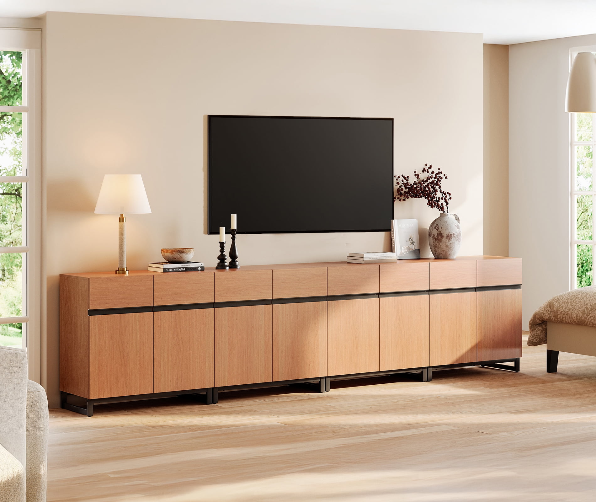 WAMPAT 126" TV Stand with Doors,Modern TV Stand for TVs up to 120 Inch,4 Packs Wood Entertainment Center with Adjustable Shelves & Metal Base.