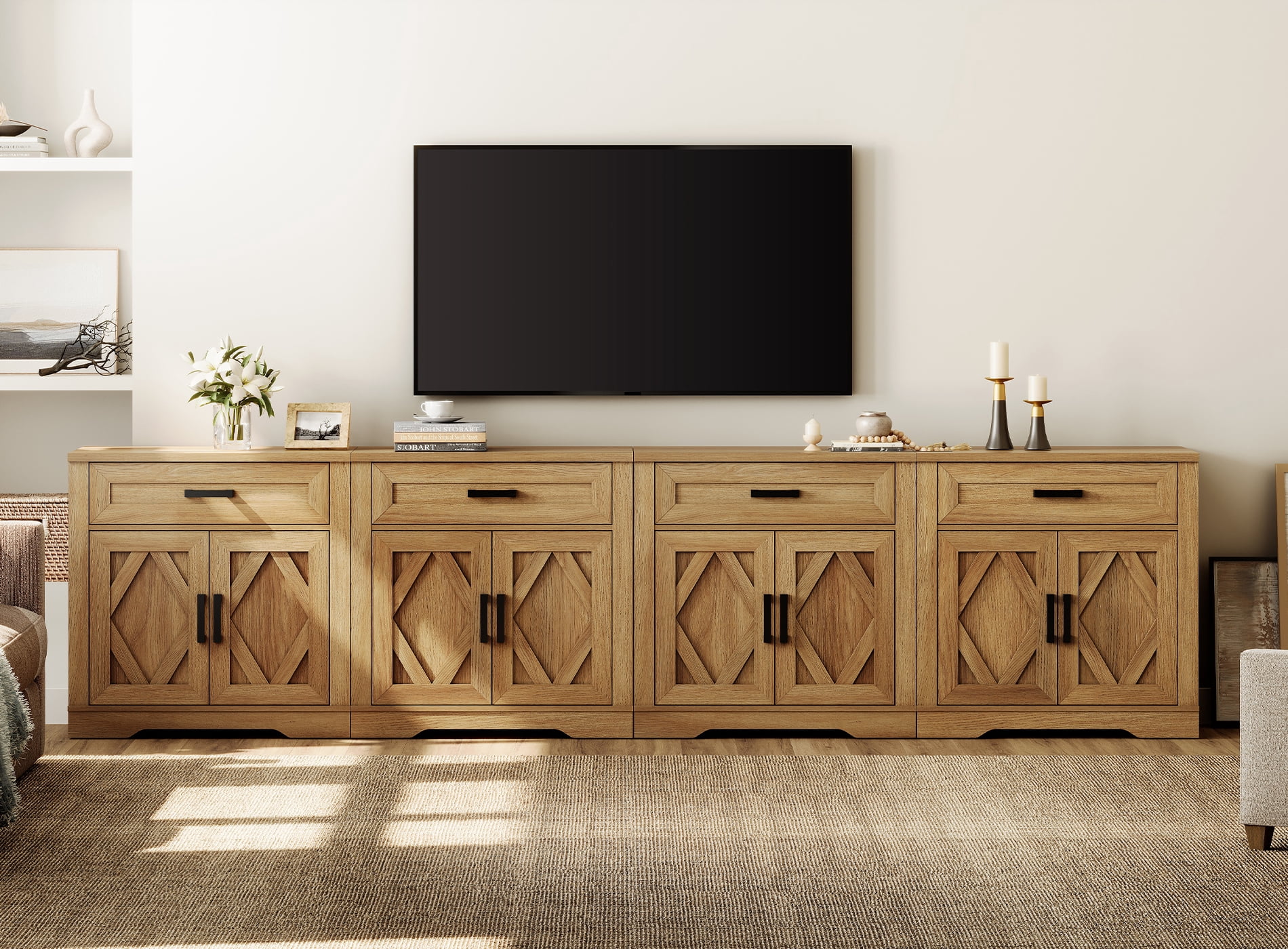 WAMPAT 126"W Large TV Stand,4-in-1 Farmhouse Entertainment Center with Storage Barn Door Cabinet,TV Console Table with Media Cabinet and Drawers for Living Room,Bedroom,Walnut