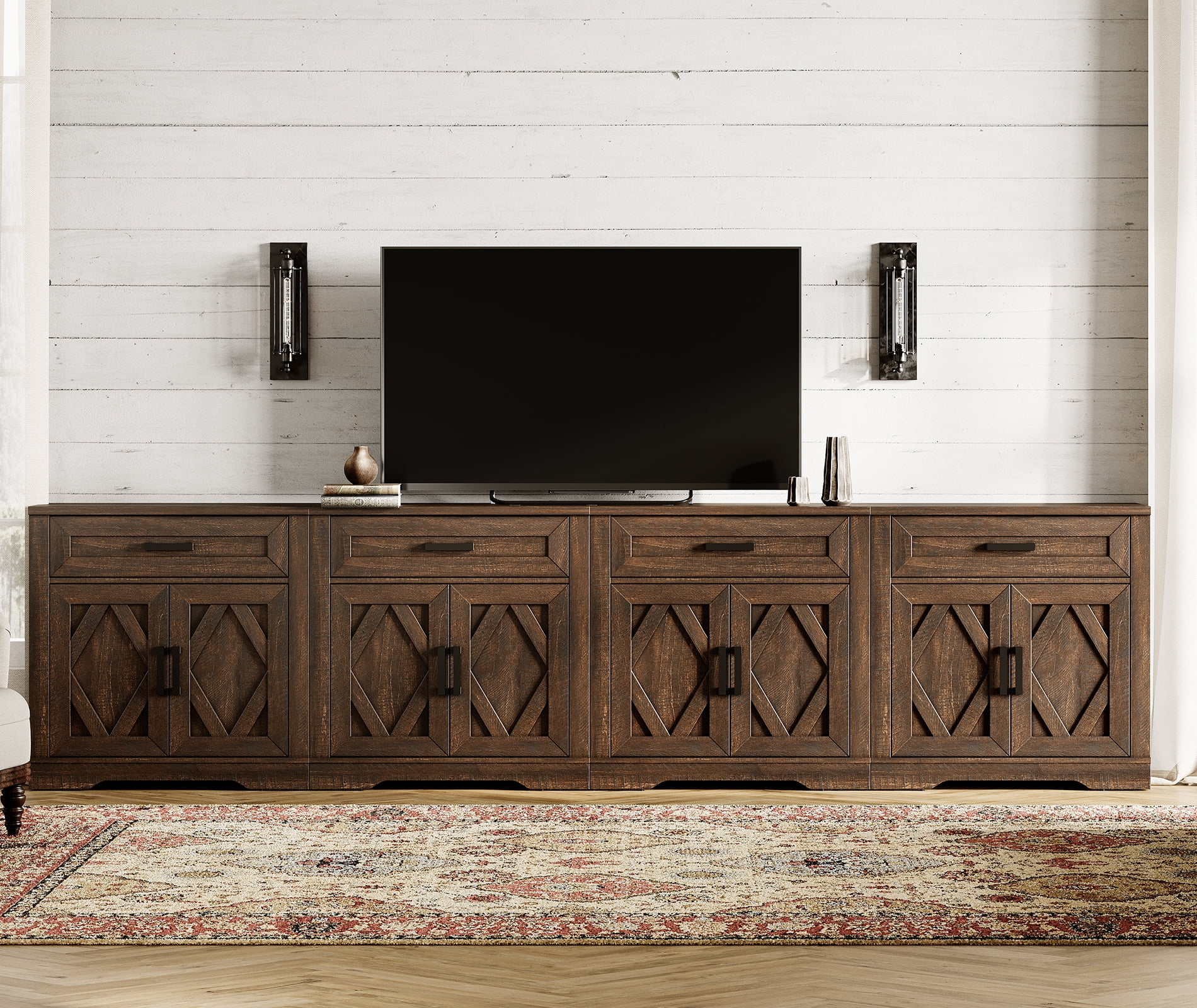 WAMPAT 126"W Large TV Stand,4-in-1 Farmhouse Entertainment Center with Storage Barn Door Cabinet,TV Console Table with Media Cabinet and Drawers for Living Room,Bedroom,Rustic Brown