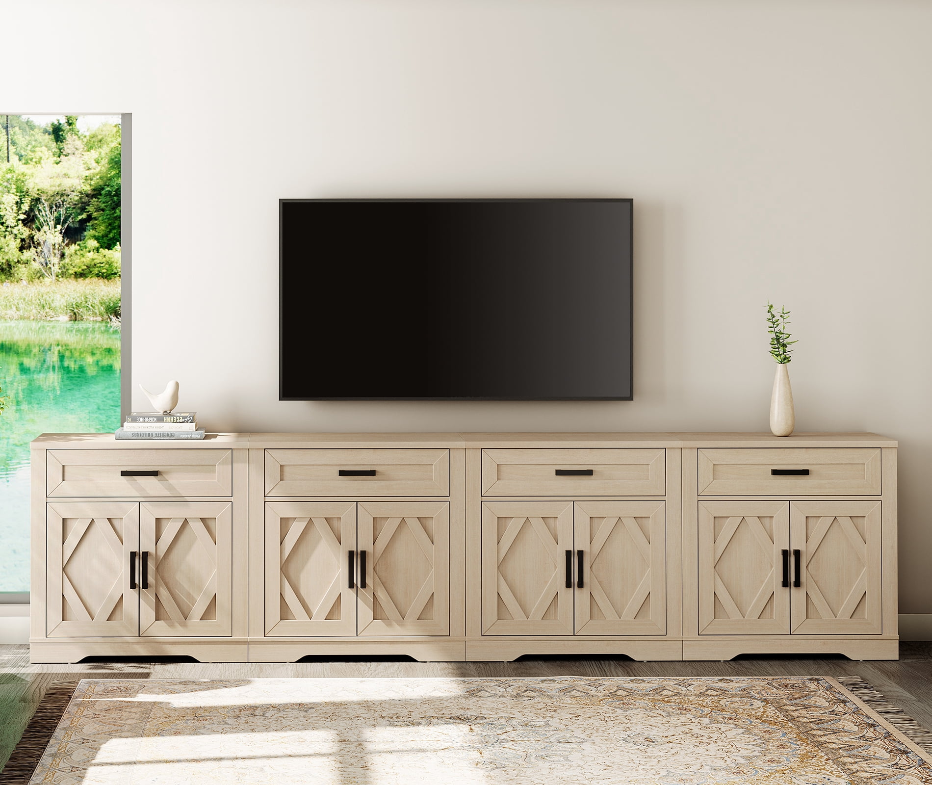 WAMPAT 126"W Large TV Stand,4-in-1 Farmhouse Entertainment Center with Storage Barn Door Cabinet,TV Console Table with Media Cabinet and Drawers for Living Room,Bedroom,Beige