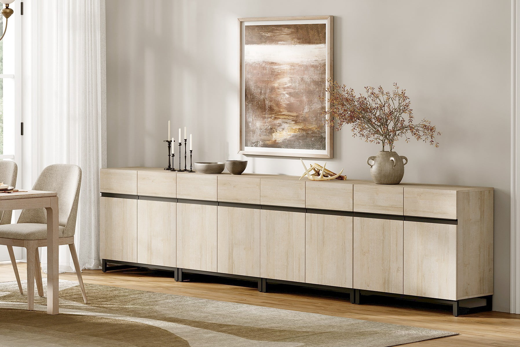WAMPAT 126" Wide 4-In-1 Multifunctional Sideboard Buffet with Adjustable Shelf & Metal Base, Modern Wood Grain Storage Cabinet for Dining Room, Living Room.