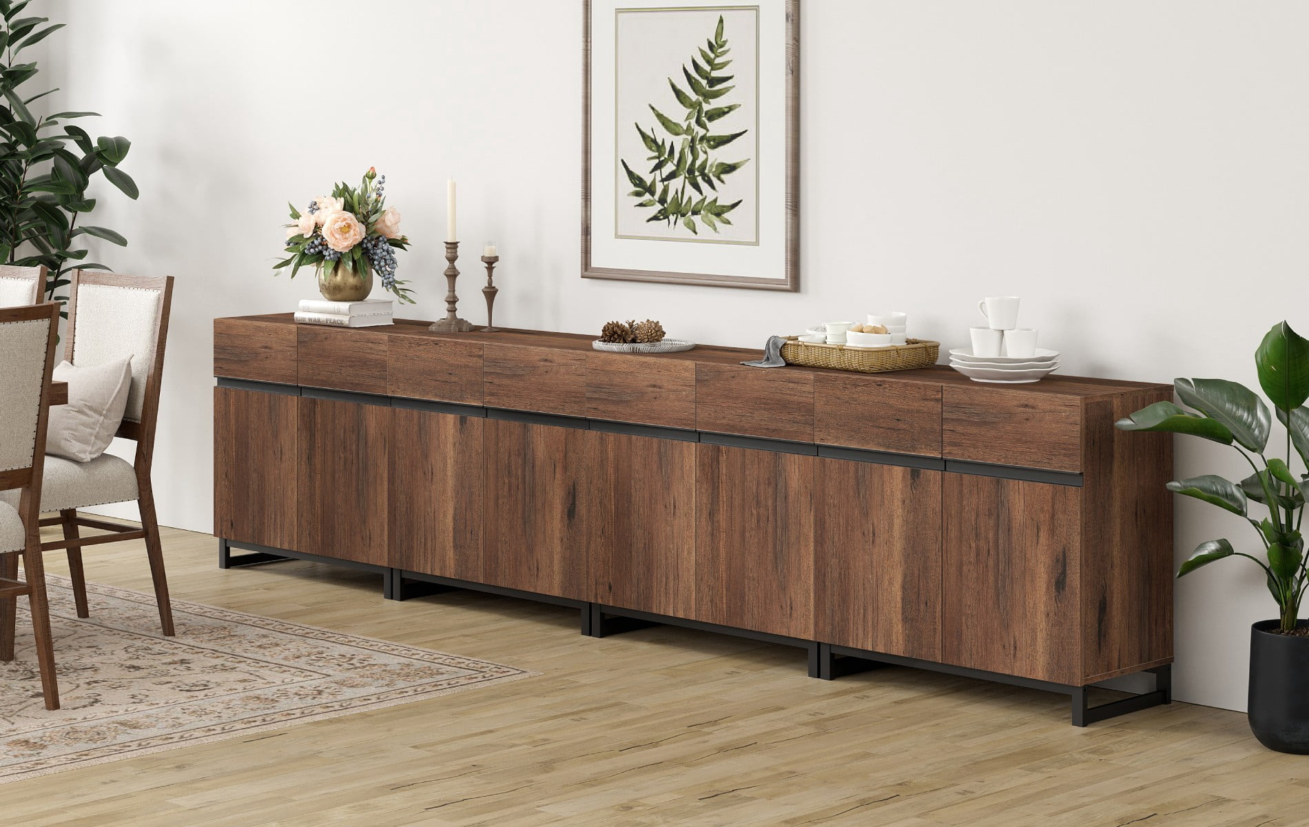 WAMPAT 126" Wide 4-In-1 Multifunctional Sideboard Buffet with Adjustable Shelf & Metal Base, Modern Wood Grain Storage Cabinet for Dining Room, Living Room.
