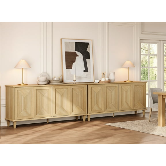 WAMPAT 130-inch Large Double Unit Buffet Cabinet with Handcrafted Patchwork Doors, Pop-Up Design Farmhouse Sideboard Credenza with Massive Storage for Dining Room, Kitchen, Natural Oak