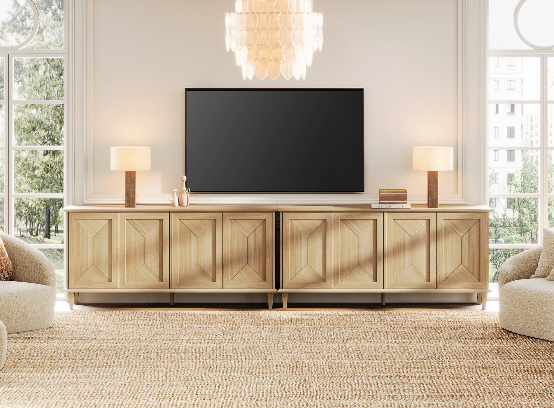 WAMPAT 130-inch Large Double Unit TV Stand for 85-130+ inch TVs,Modern Farmhouse Media Console with Handcrafted Patchwork Doors,Massive Storage with Adjustable Shelves & Cable Management,Natural Oak