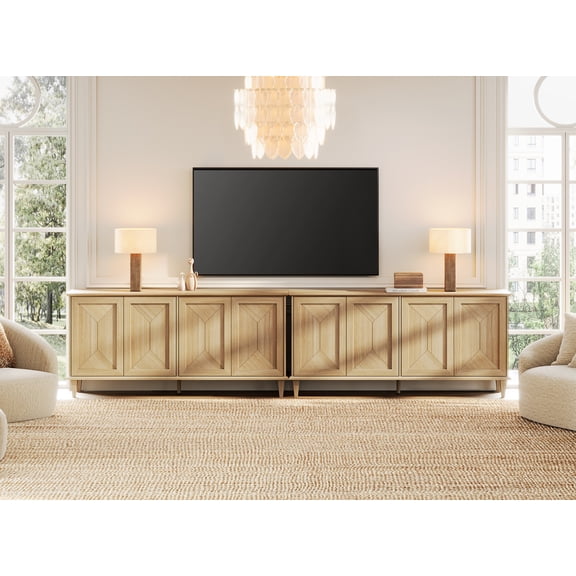 WAMPAT 130-inch Large Double Unit TV Stand for 85-130+ inch TVs,Modern Farmhouse Media Console with Handcrafted Patchwork Doors,Massive Storage with Adjustable Shelves & Cable Management,Natural Oak
