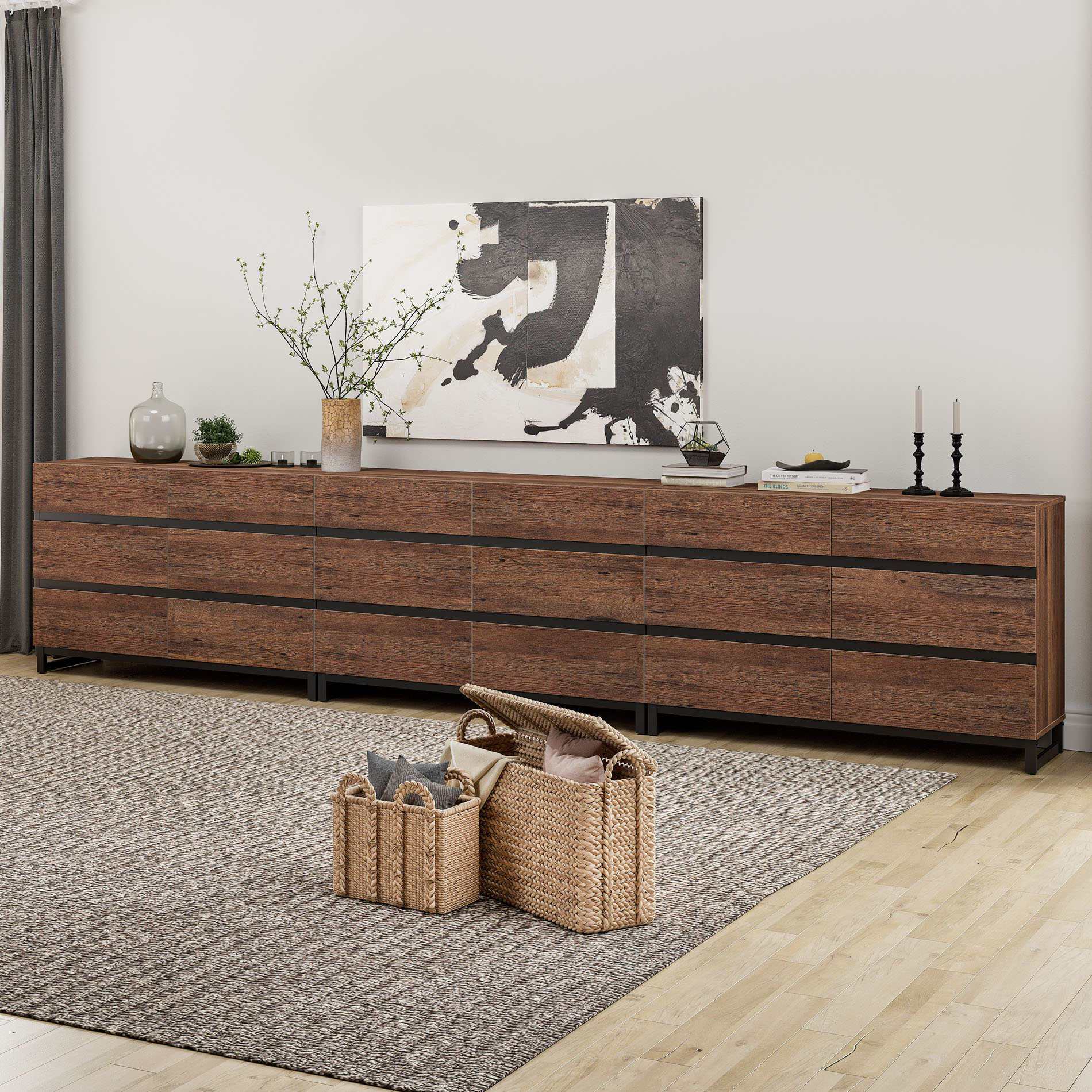 WAMPAT 18-Drawer Modern Chest of Drawers, Wooden Dresser with Concealed Handles & Metal Base, Closet Organizer for Bedroom, Living Room,Brown