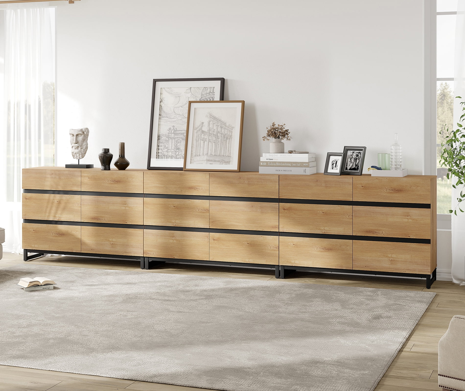 WAMPAT 18-Drawer Modern Chest of Drawers, Wooden Dresser with Concealed Handles & Metal Base, Closet Organizer for Bedroom, Living Room,Oak