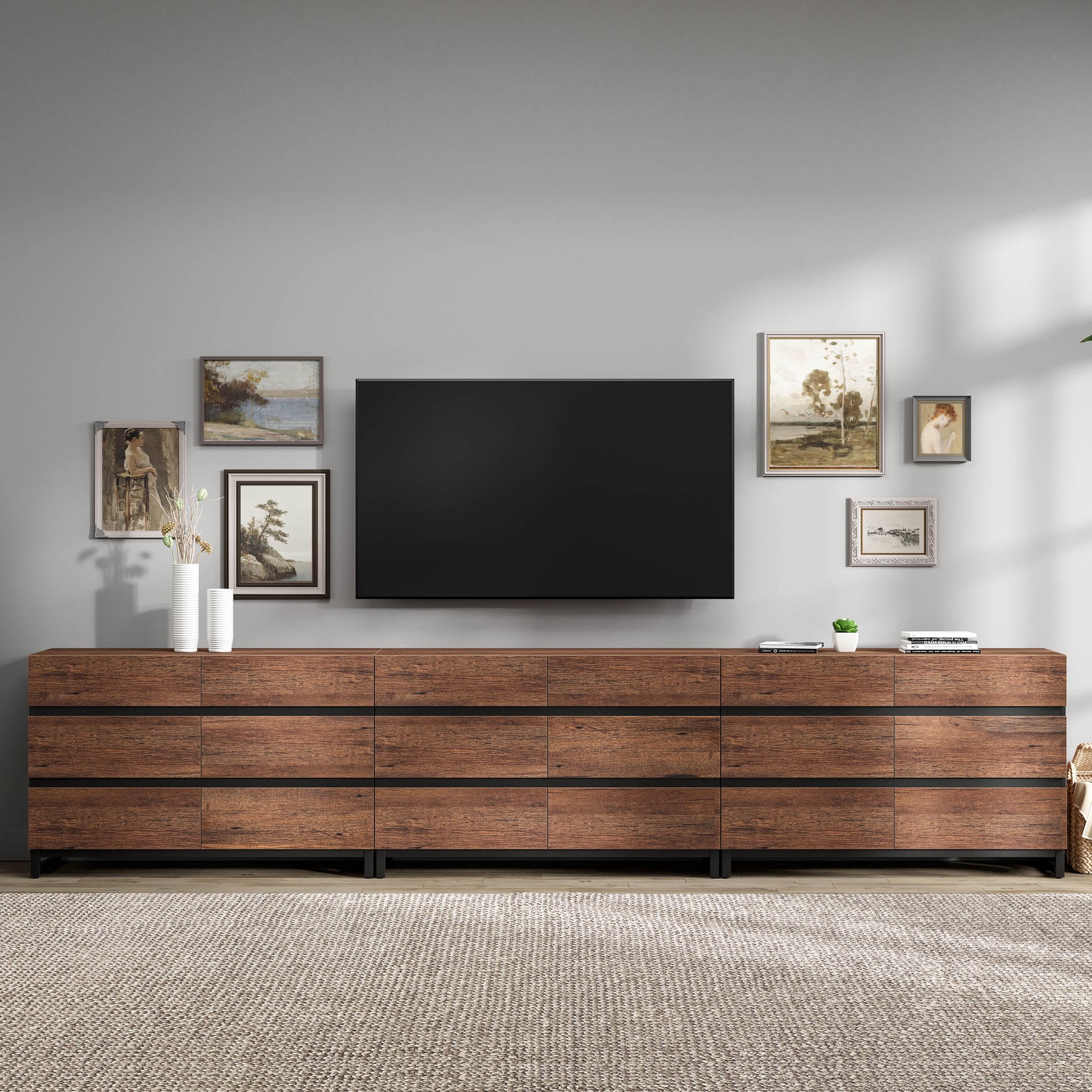 WAMPAT 18-Drawer TV Stand, Modern Extra Large Media Console with Metal Base, Wooden Entertainment Center Fits 120 Inch TV for Bedroom Living Room, Brown