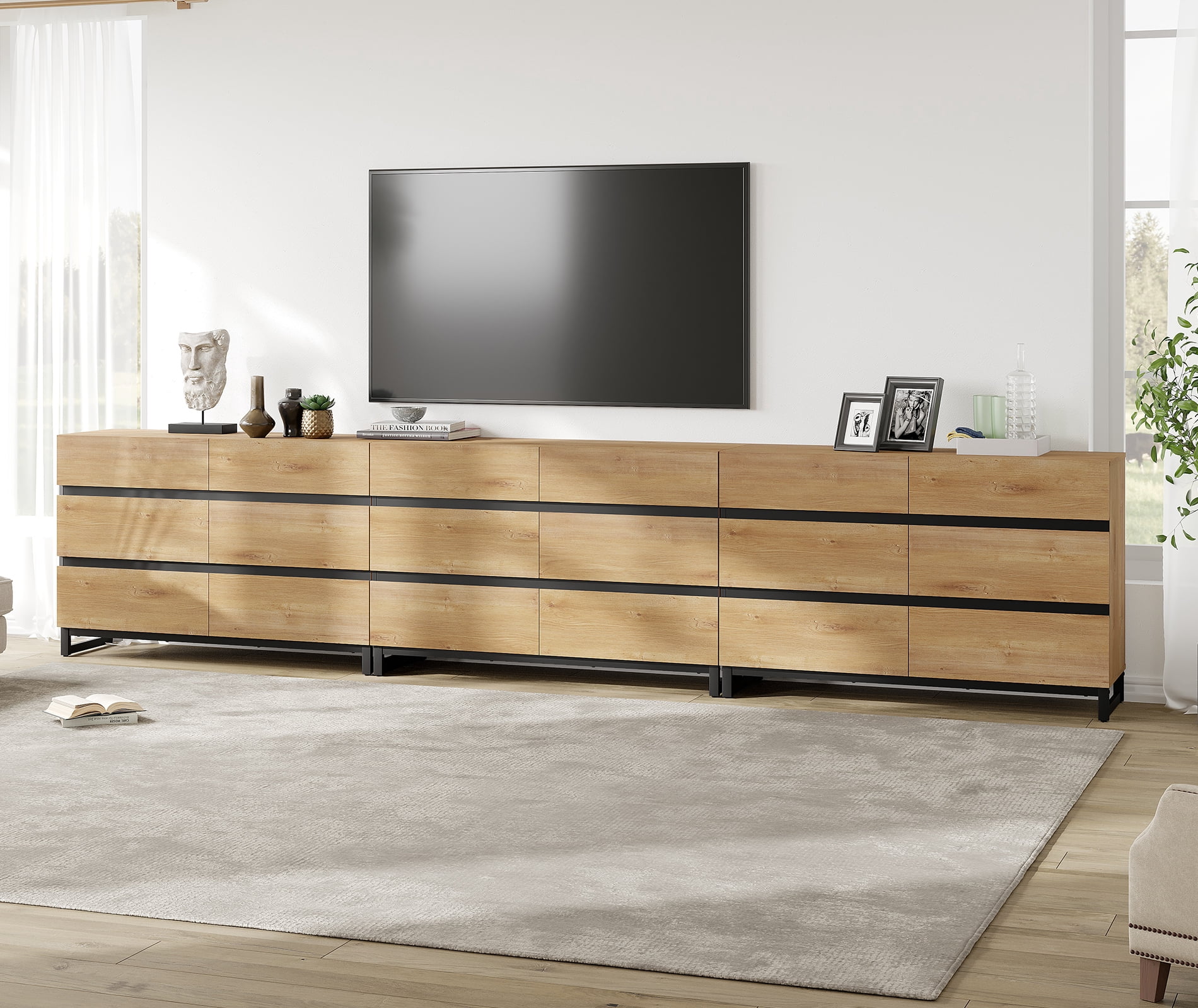 WAMPAT 18-Drawer TV Stand, Modern Extra Large Media Console with Metal Base, Wooden Entertainment Center Fits 120 Inch TV for Bedroom Living Room, Oak