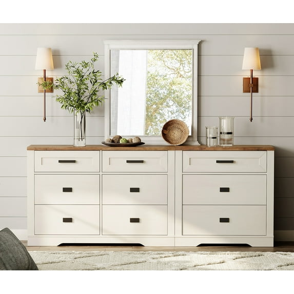 WAMPAT 2 in 1 Dresser with 9 Drawers for Bedroom, Wooden Dressers with Wide Chest of Drawers,Modern Farmhouse Dresser TV Stand with Metal Handles for Living Room, Hallway,Antique White