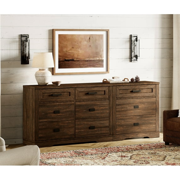 WAMPAT 2 in 1 Dresser with 9 Drawers for Bedroom, Wooden Dressers with Wide Chest of Drawers,Modern Farmhouse Dresser TV Stand with Metal Handles for Living Room, Hallway,Dark Brown