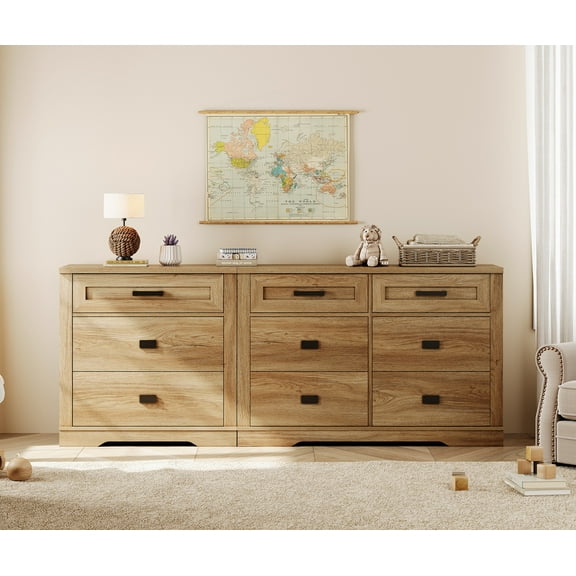 WAMPAT 2 in 1 Dresser with 9 Drawers for Bedroom, Wooden Dressers with Wide Chest of Drawers,Modern Farmhouse Dresser TV Stand with Metal Handles for Living Room, Hallway,Vintage Oak
