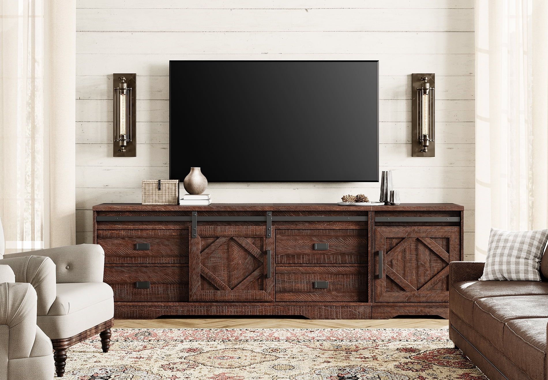 WAMPAT 2 in 1 Farmhouse TV Stand for TVs up to 85",Wood Entertainment Center with Drawers and Adjustable Shelves,TV Console Table with Barn Door for Living Room,Rustic Brown
