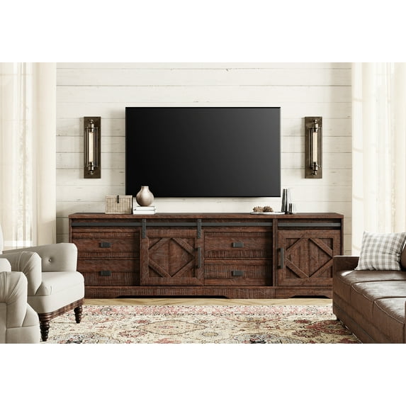 WAMPAT 2 in 1 Farmhouse TV Stand for TVs up to 85",Wood Entertainment Center with Drawers and Adjustable Shelves,TV Console Table with Barn Door for Living Room,Rustic Brown