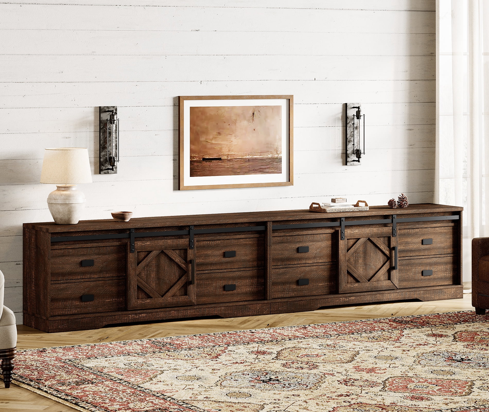 WAMPAT 2 in 1 Modern Farmhouse TV Stand for 130" TV with Barn Door & Rub Through Distressing, Wood Entertainment Center with Drawers and Storage Cabinet for Living Room,Rustic Brown