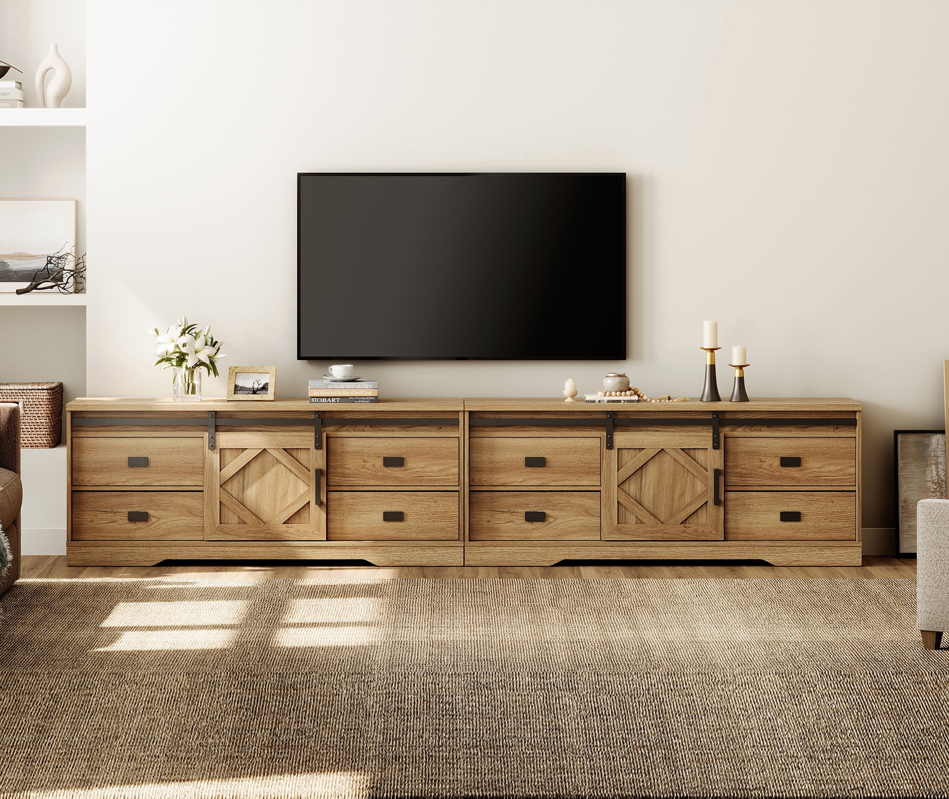 WAMPAT 2 in 1 Modern Farmhouse TV Stand for 130" TV with Barn Door & Rub Through Distressing, Wood Entertainment Center with Drawers and Storage Cabinet for Living Room,Vintage Oak