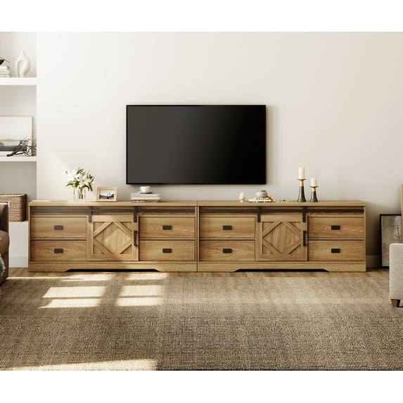 WAMPAT 2 in 1 Modern Farmhouse TV Stand for 130" TV with Barn Door & Rub Through Distressing, Wood Entertainment Center with Drawers and Storage Cabinet for Living Room,Vintage Oak