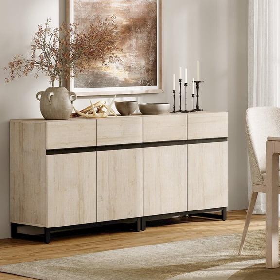 WAMPAT 2 in 1 Multifunctional Sideboard Buffet Cabinets, Modern Sideboard with Adjustable Shelf and Metal Base, Coffee Bar Cabinet Storage Cabinet for Living Room, Kitchen, Light Oak