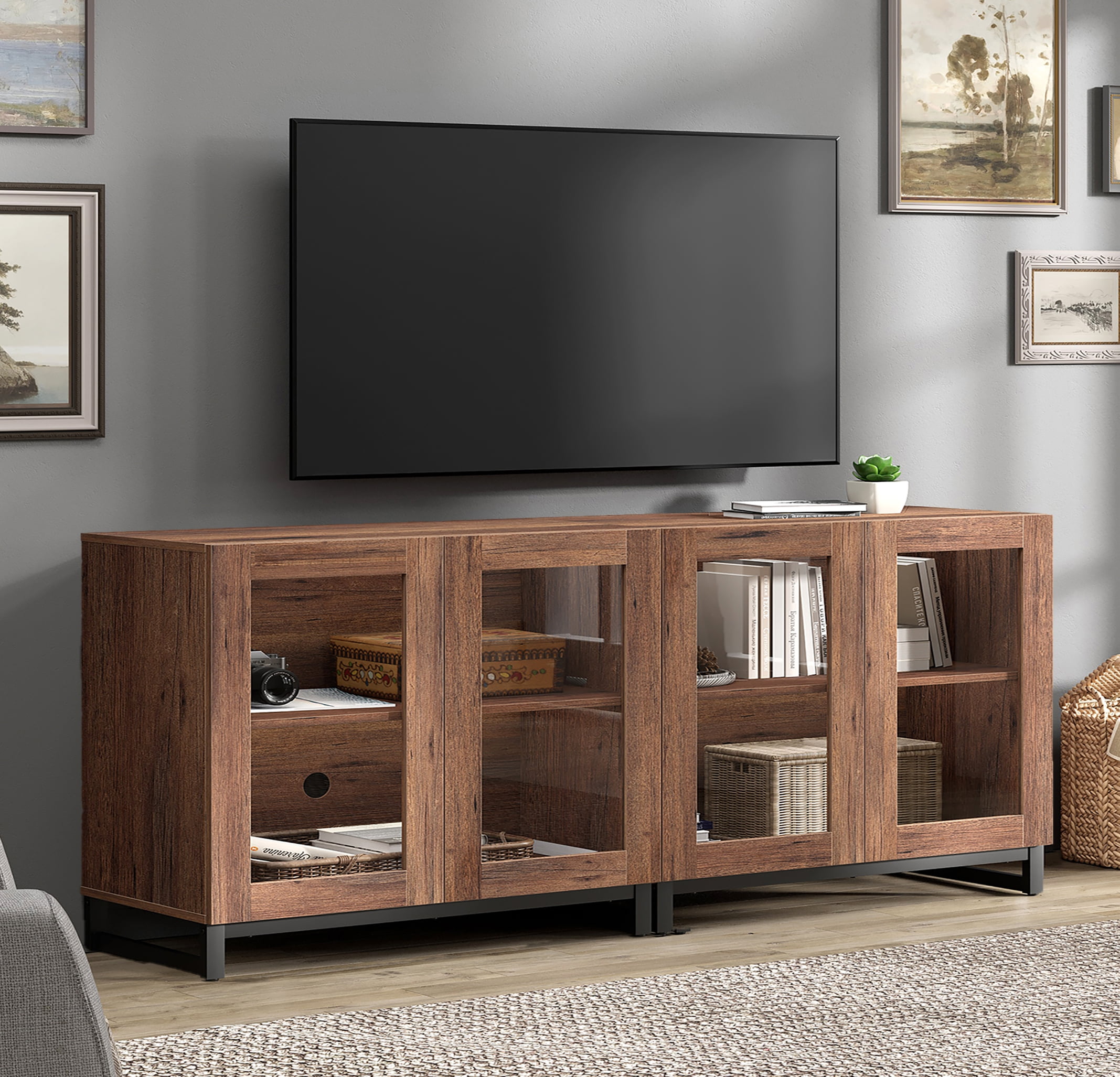 WAMPAT 63 Inch TV Stand with Glass Doors for 32-70 inch TVs, Modern Entertainment Center TV Console with Adjustable Shelves for Living Room, Bedroom, Brown