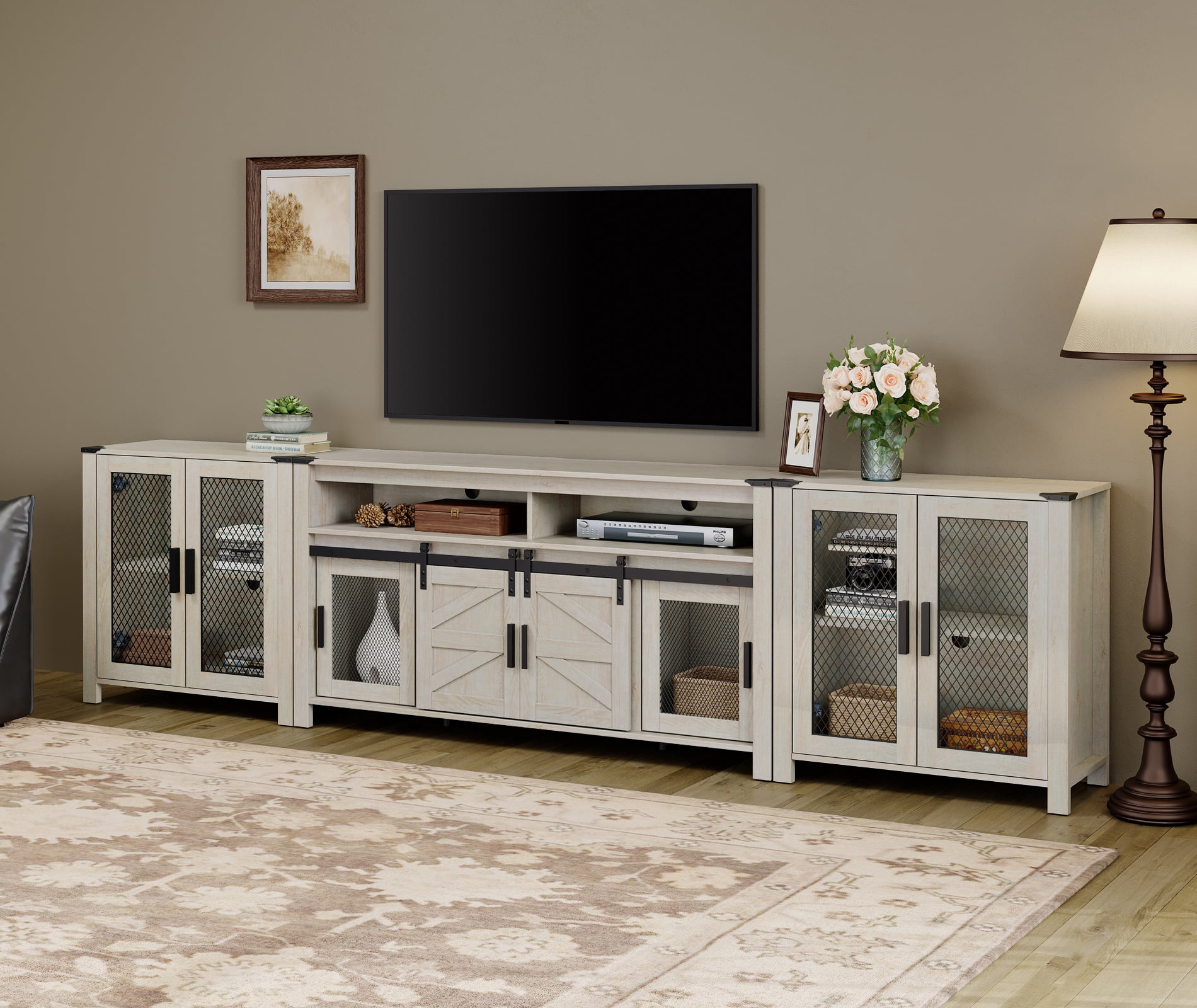 WAMPAT 2 in 1 TV Stand set for ups to 100 inch TV,Farmhouse Entertainment Center with Sliding Barn Door,Media TV Console Table with Adjustable Shelf for Living Room Bedroom，Antique White