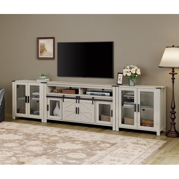 WAMPAT 2 in 1 TV Stand set for ups to 100 inch TV,Farmhouse Entertainment Center with Sliding Barn Door,Media TV Console Table with Adjustable Shelf for Living Room Bedroom,Antique White