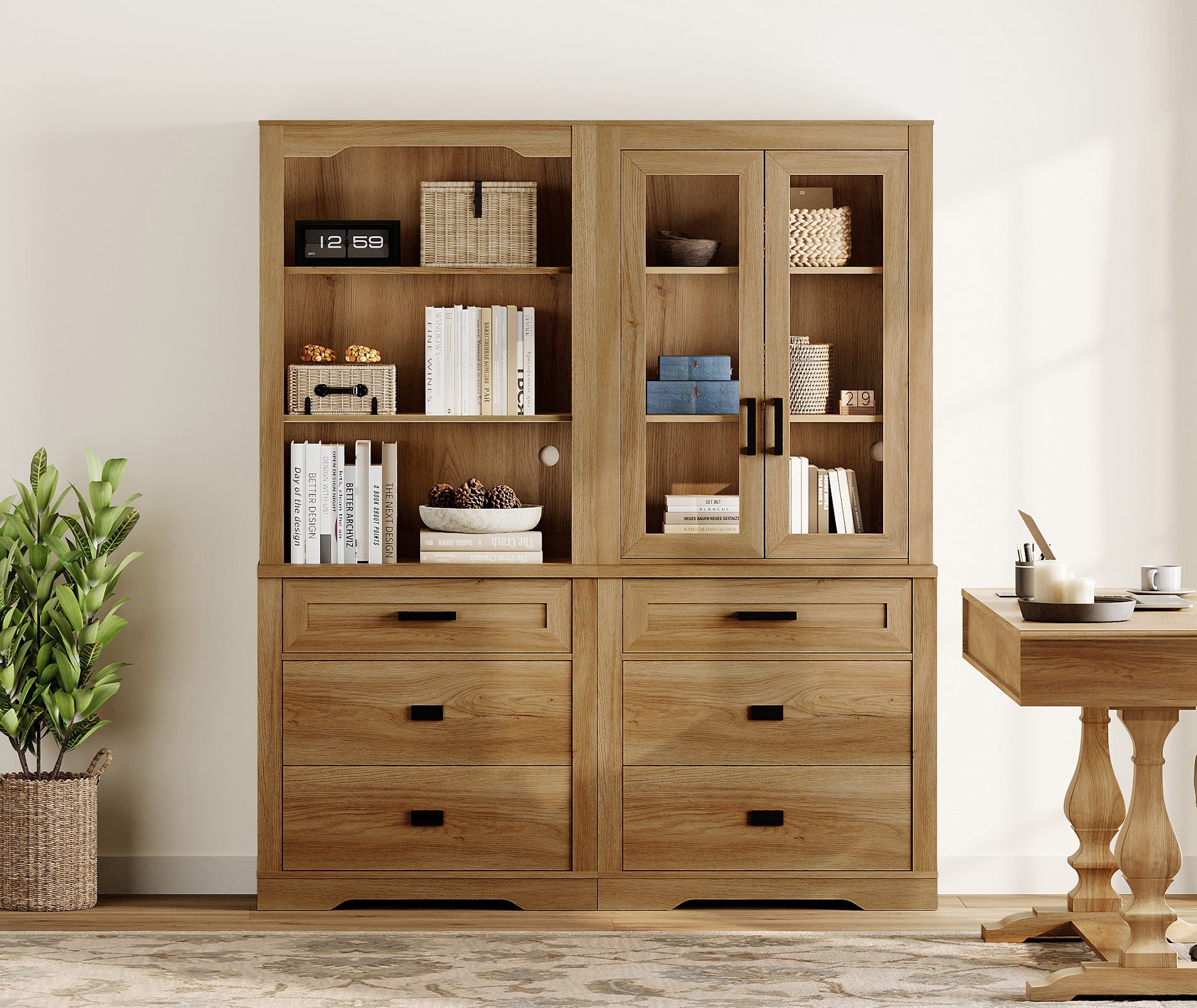WAMPAT 2 Column 3 Tier Bookcase with Drawer,73.3" Tall Floor Standing Bookshelf,Modern Farmhouse Display Storage Cabinet with Adjustable Shelves for Living Room,Walnut Oak