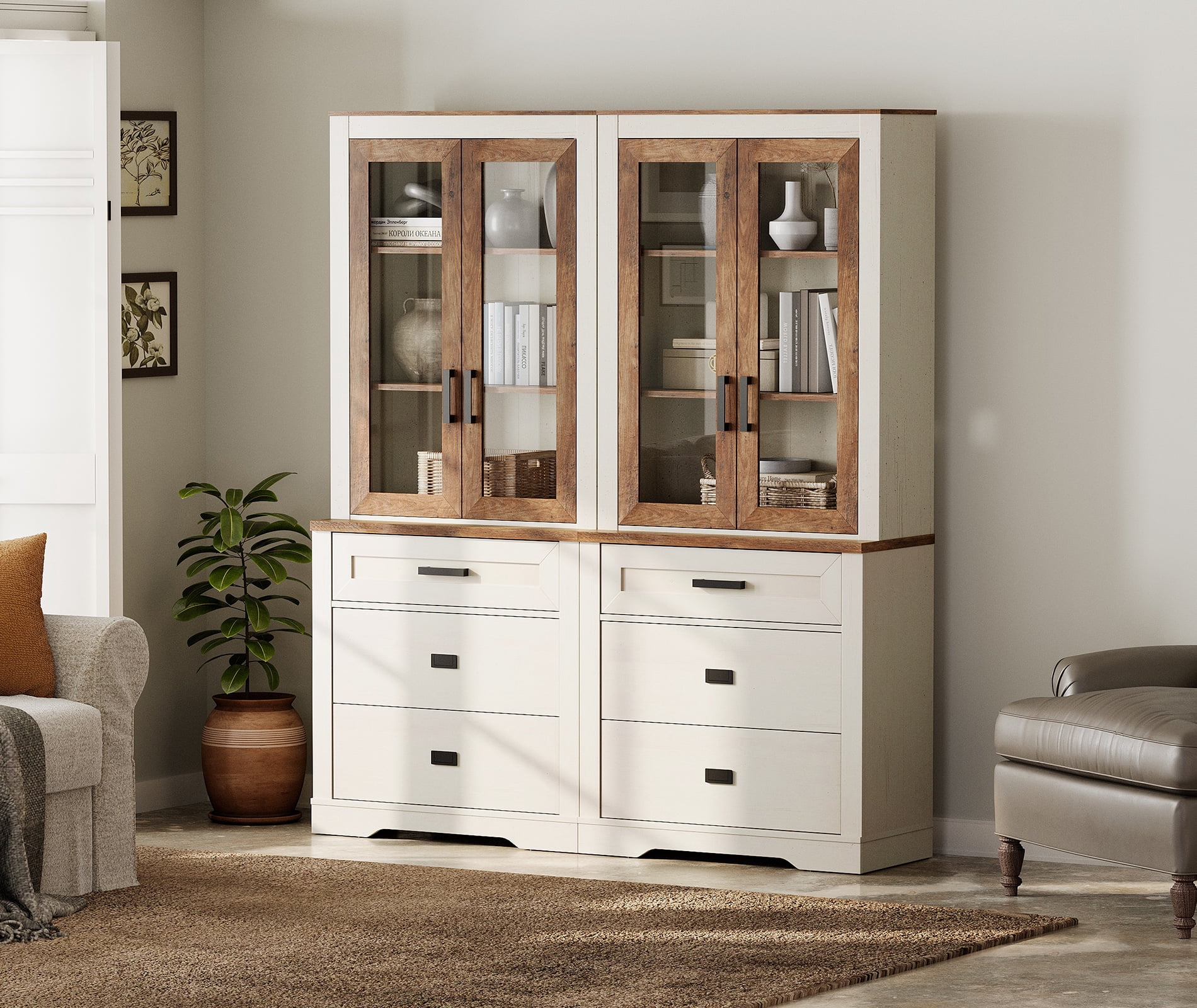 WAMPAT 2 Column 3 Tier Bookcase with Drawer,73.3" Tall Floor Standing Bookshelf,Modern Farmhouse Display Storage Cabinet with Adjustable Shelves and Glass Door for Home Office,Living Room,White Oak