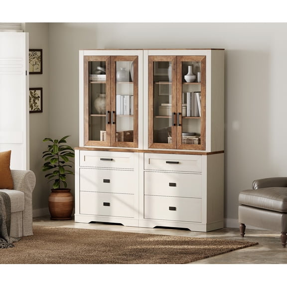 WAMPAT 2 Column 3 Tier Bookcase with Drawer,73.3" Tall Floor Standing Bookshelf,Modern Farmhouse Display Storage Cabinet with Adjustable Shelves and Glass Door for Home Office,Living Room,White Oak