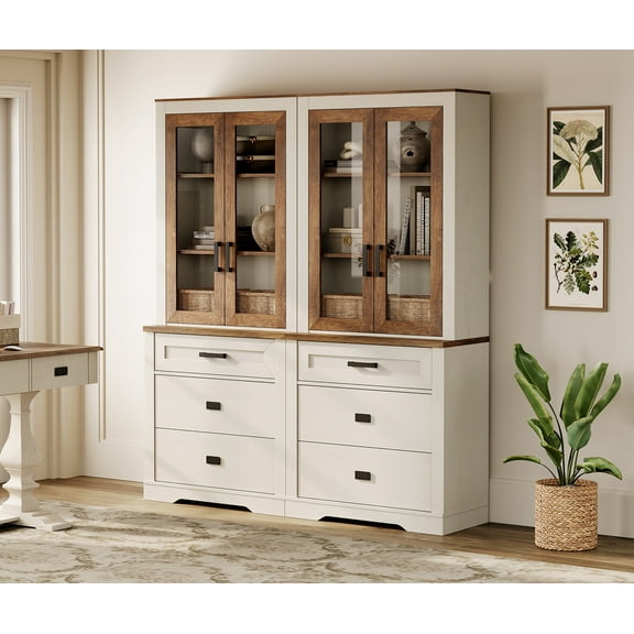 WAMPAT 2 Column 3 Tier Bookcase with Drawer,73.3" Tall Floor Standing Bookshelf,Modern Farmhouse Display Storage Cabinet with Adjustable Shelves and Glass Door for Home Office,Living Room,White Oak