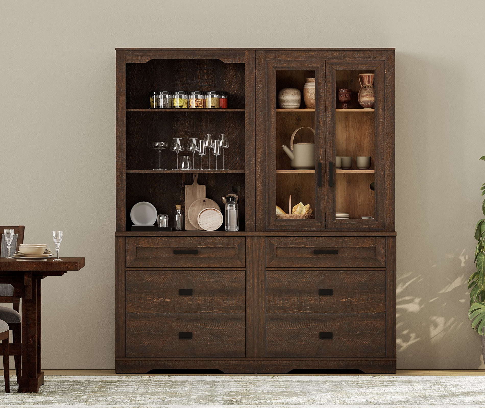 WAMPAT 2 Column 3 Tier Bookcase with Drawer,73.3" Tall Floor Standing Bookshelf,Modern Farmhouse Display Storage Cabinet with Adjustable Shelves for Living Room,Espresso Brown