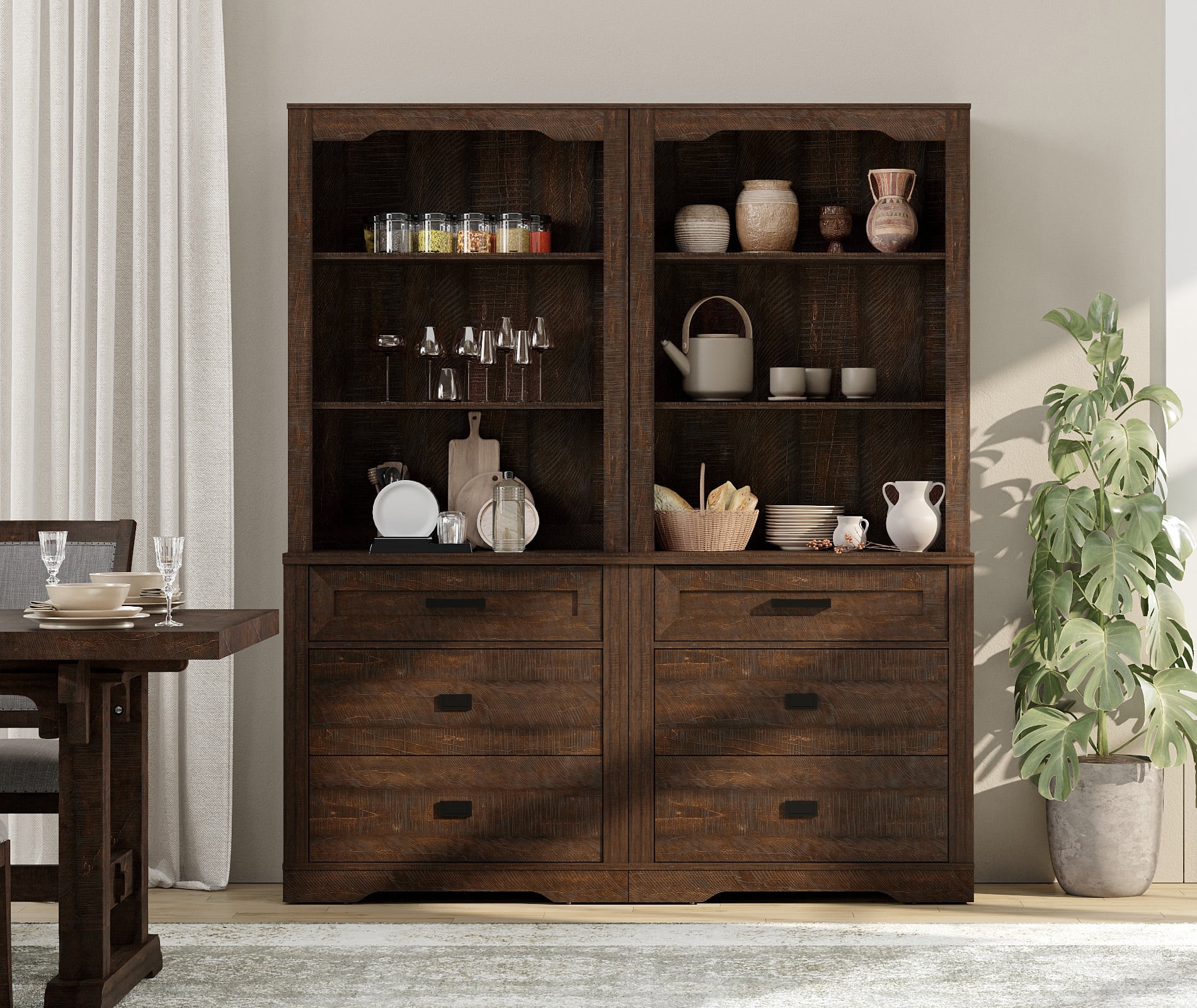 WAMPAT 2 Column 3 Tier Bookcase with Drawer,73.3" Tall Floor Standing Bookshelf,Modern Farmhouse Display Storage Cabinet with Adjustable Shelves,Rustic Brown