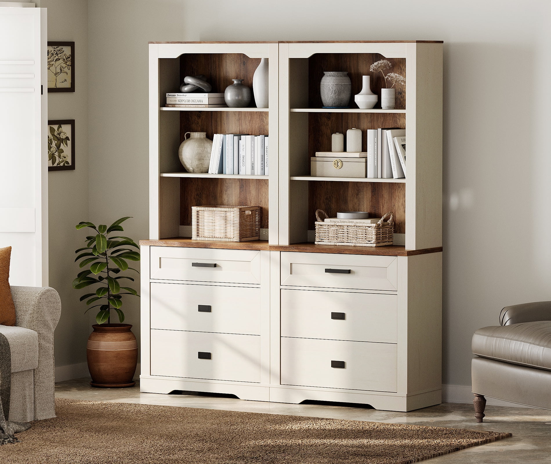 WAMPAT 2 Column 3 Tier Bookcase with Drawer,73.3" Tall Floor Standing Bookshelf,Modern Farmhouse Display Storage Cabinet with Adjustable Shelves,Rustic White