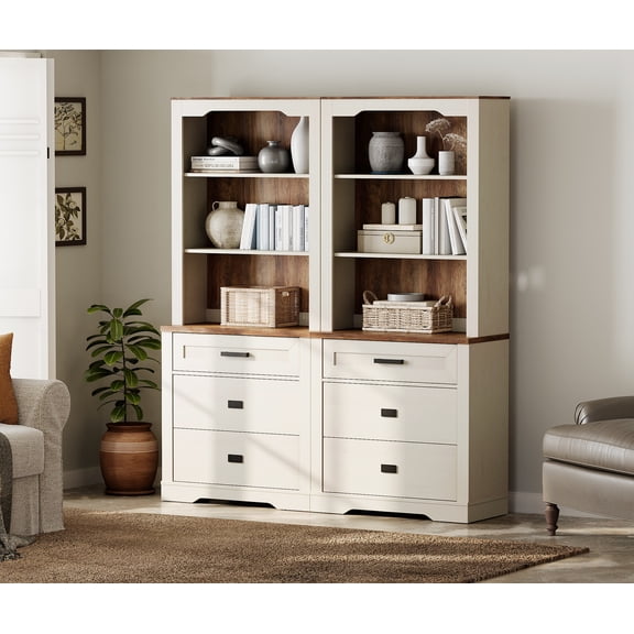 WAMPAT 2 Column 3 Tier Bookcase with Drawer,73.3" Tall Floor Standing Bookshelf,Modern Farmhouse Display Storage Cabinet with Adjustable Shelves,Rustic White