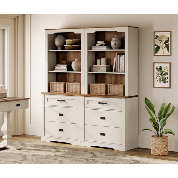 WAMPAT 2 Column 3 Tier Bookcase with Drawer,73.3" Tall Floor Standing Bookshelf,Modern Farmhouse Display Storage Cabinet with Adjustable Shelves,Rustic White