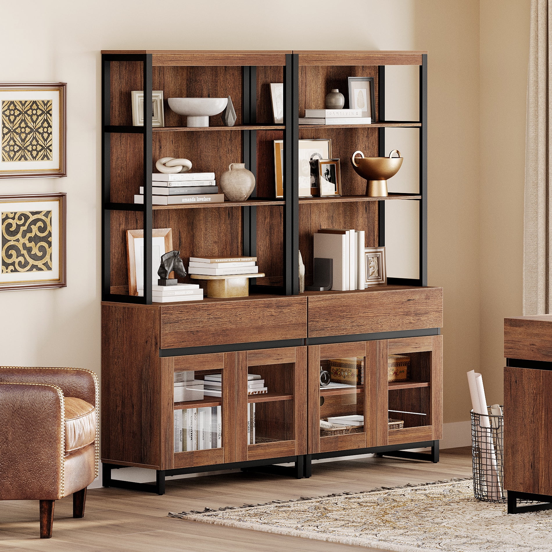 WAMPAT 2 PCS Modern 72" Tall Bookcase with 2 Drawers and Open Book Shelf, Library Book Shelf with Storage Cabinet and Glass Doors, Wood Freestanding Bookshelves for Home Office, Living Room, Brown