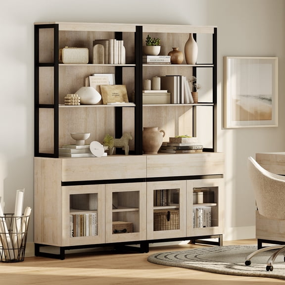 WAMPAT 2 PCS Modern 72" Tall Bookcase with 2 Drawers and Open Book Shelf, Library Book Shelf with Storage Cabinet and Glass Doors, Wood Freestanding Bookshelves for Home Office, Living Room, Beige