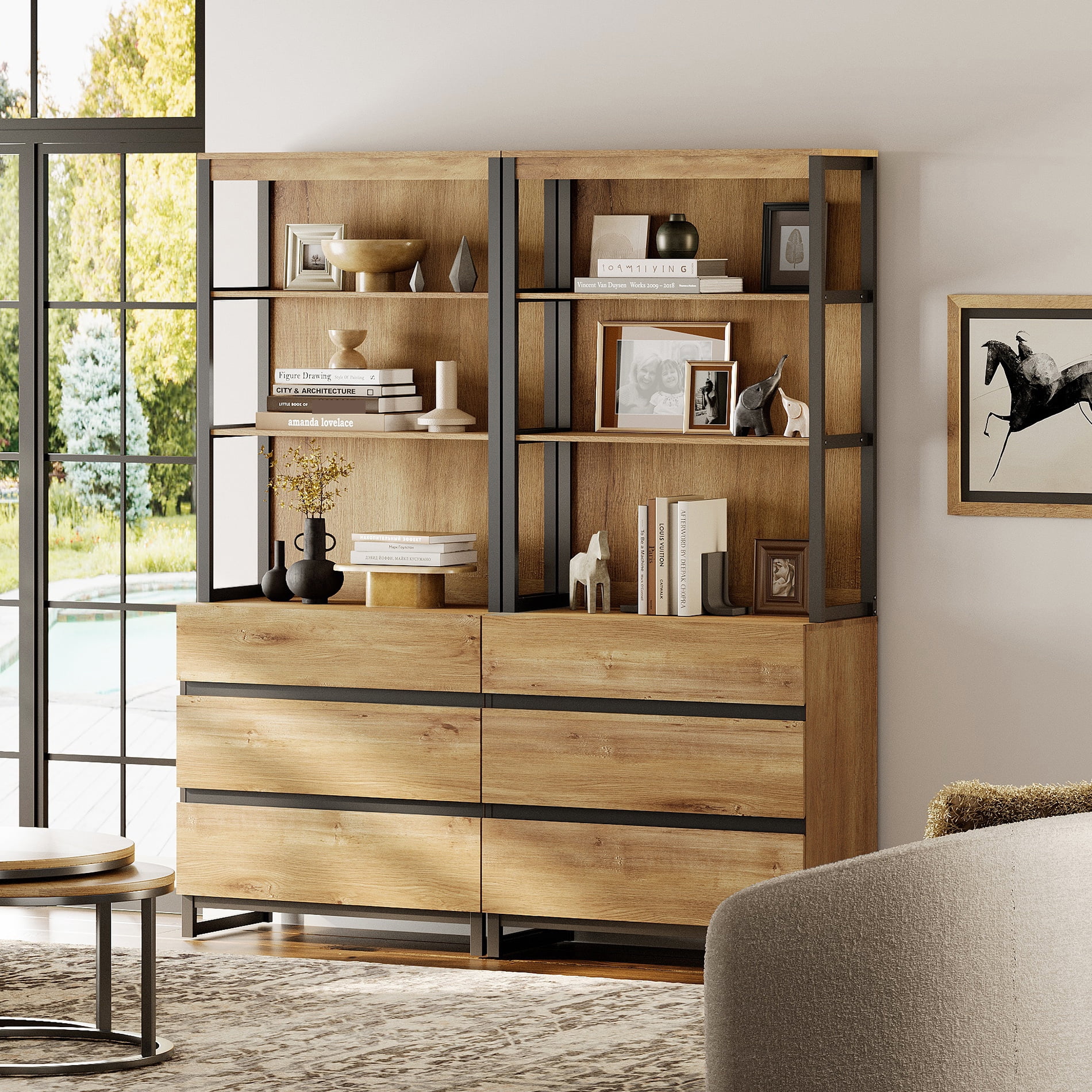 WAMPAT 2 PCS Modern 72" Tall Bookcase with 6 Drawers and Open Book Shelfs, Library Book Shelf with Storage Cabinet and Metal Base, Wood Freestanding Bookshelves for Home Office, Living Room, Oak