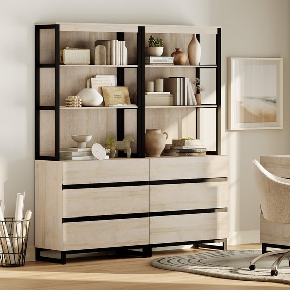 WAMPAT 2 PCS Modern 72" Tall Bookcase with 6 Drawers and Open Book Shelfs, Library Book Shelf with Storage Cabinet and Metal Base, Wood Freestanding Bookshelves for Home Office, Living Room, Beige