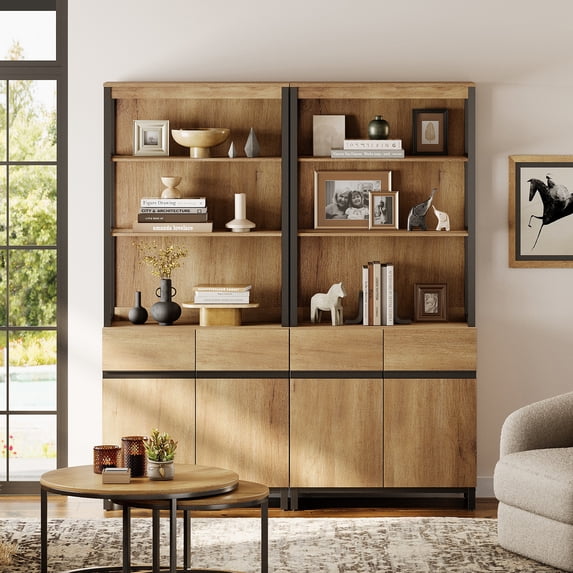 WAMPAT 2 PCS Modern 72" Tall Bookcases with Metal Base and Adjustable Shelves, Library Book Shelf with Storage Cabinet and Open Book Shelfs, Wood Bookshelves for Home Office, Living Room, Oak