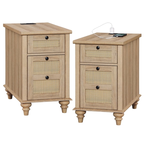 WAMPAT 2 Pack End Table with Charging Station, Wood Side Sofa Table with Drawer and Storage Cabinet, Rattan Weaving Nightstand with Power Outlets & USB Ports for Living Room, Bedroom, Oak