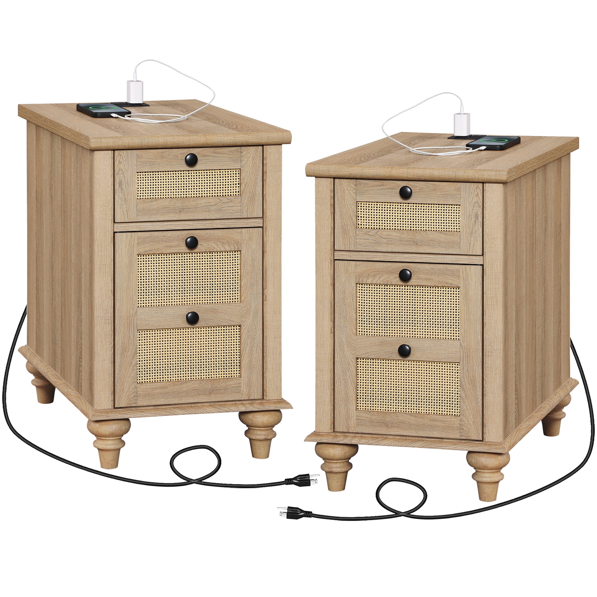 WAMPAT 2 Pack Farmhouse End Table with Charging Station, Wood Sofa Side