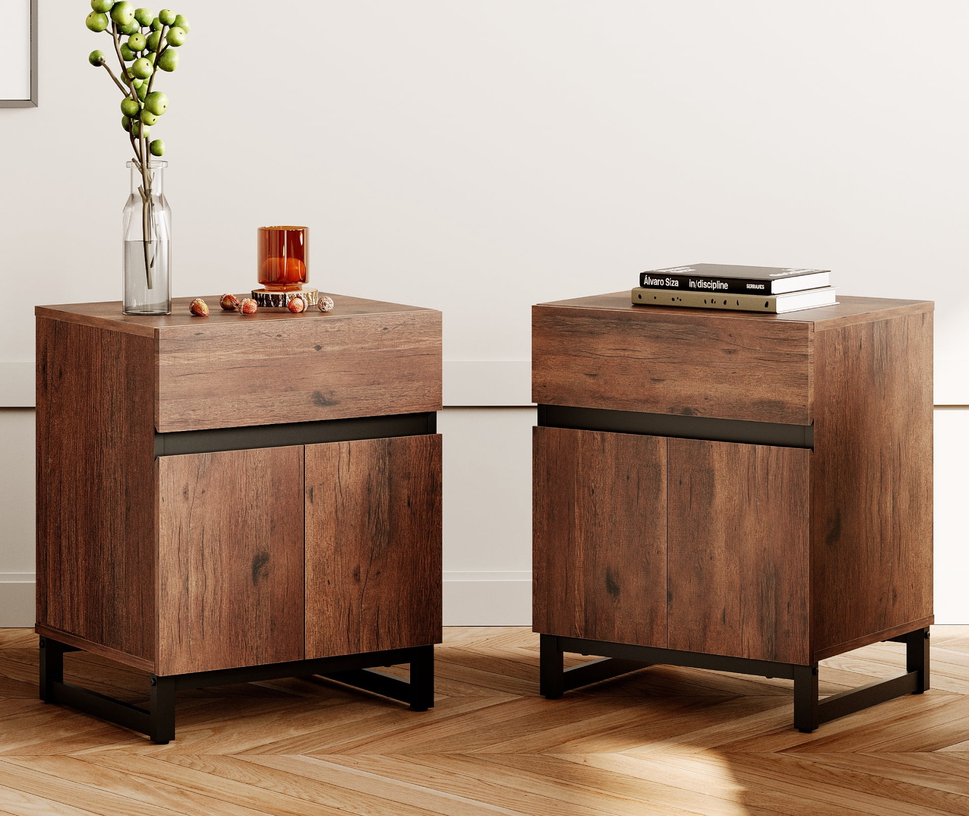 WAMPAT 2 Pack Nightstand with 1 Drawer & 1 Storage Cabinet, Modern Bedside Table with 2 Open Doors for Bedroom, Wood Rustic Side End Table for living Room.