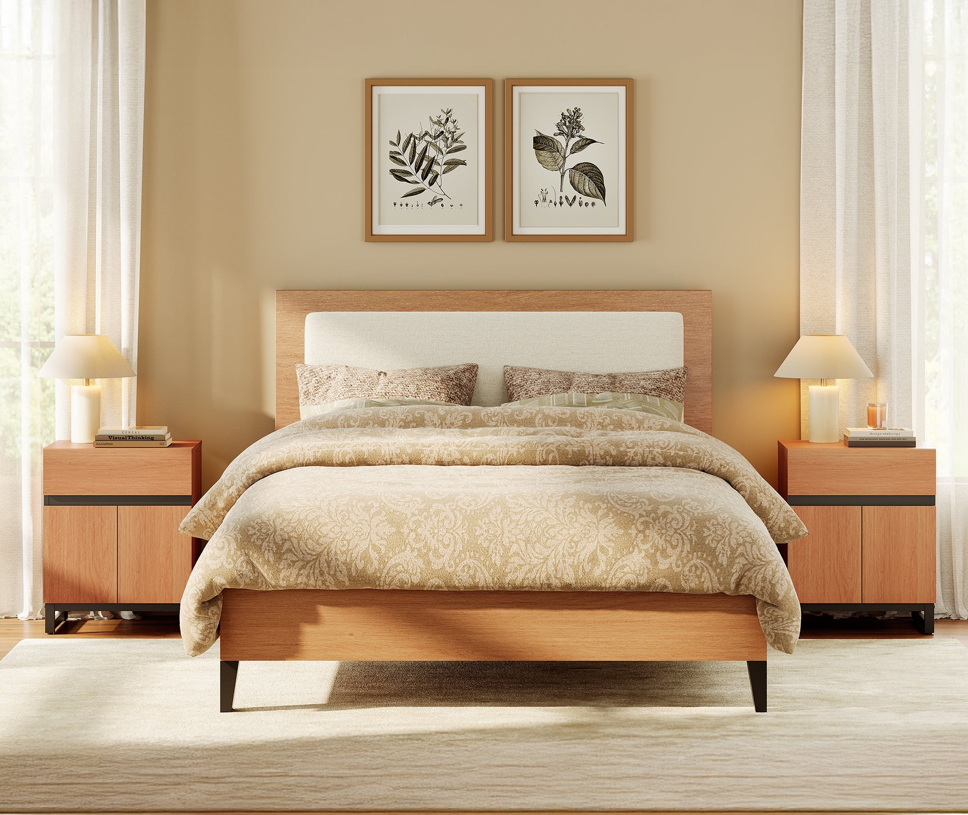 WAMPAT 2 Pack Nightstand with 1 Drawer & 1 Storage Cabinet, Modern Bedside Table with 2 Open Doors for Bedroom, Wood Rustic Side End Table for living Room.