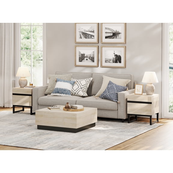 WAMPAT 2 Pack Nightstand with 2 Drawers for Bedroom, Modern Bedside Table with Black Square Iron Leg, Wood Rustic Side End Table for Living Room, Light Oak