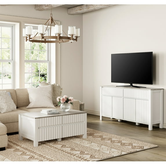 WAMPAT 2 Piece Coffee Table Sets, 1 Modern Coffee Table for Storage with Sliding Drawers, 1 Tall Sideboard TV Stand for 65 inch TV, White&Gray